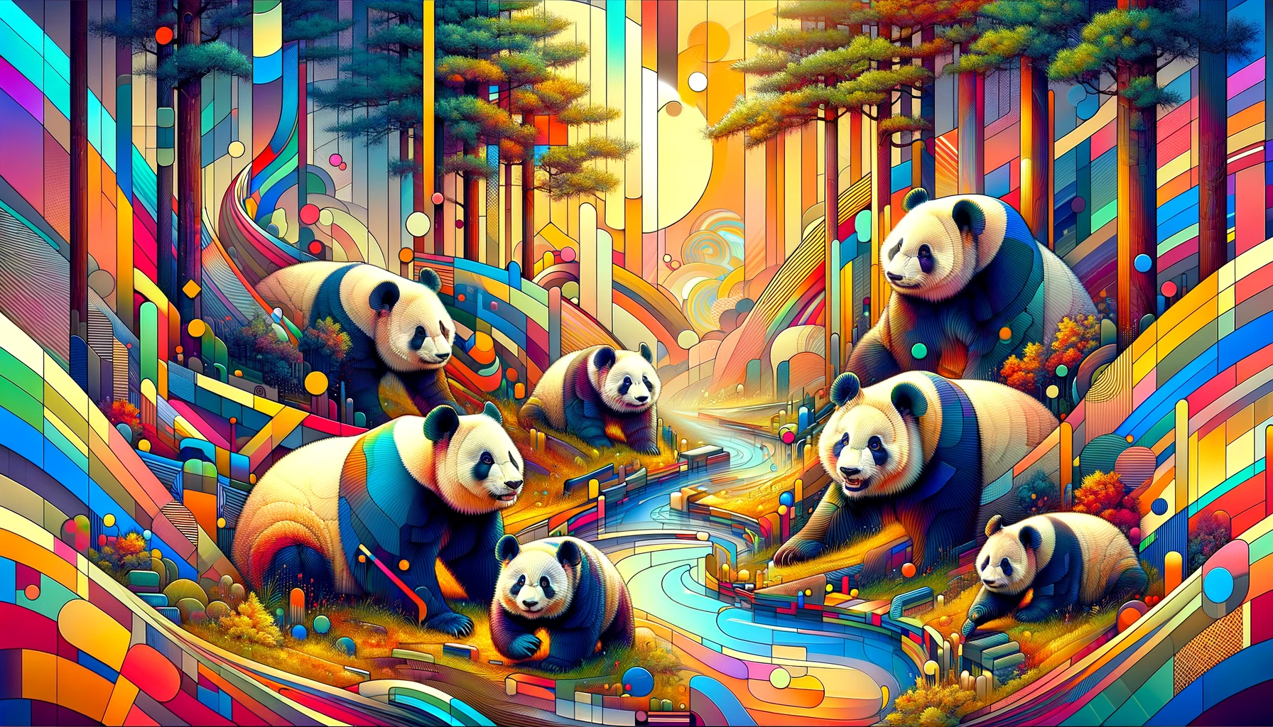 prompt: Draw a few pandas in 1:2 landscape